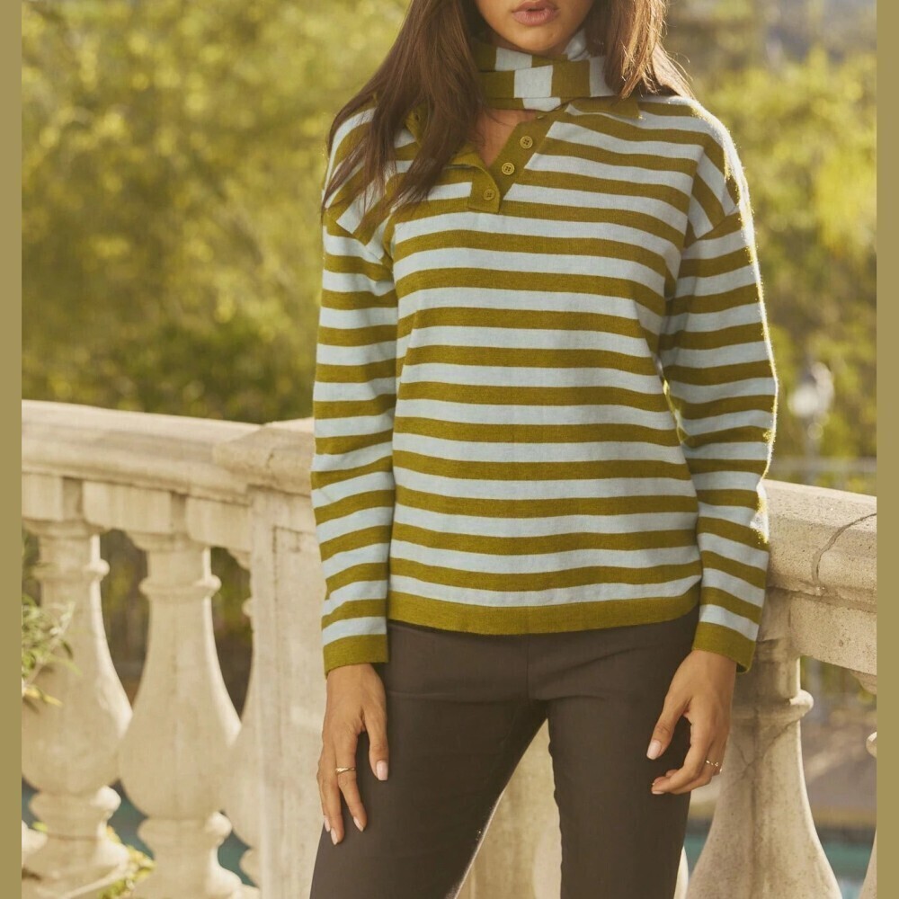 Olive Green Striped Knit Henley Sweater with Asymmetric Collar Placket